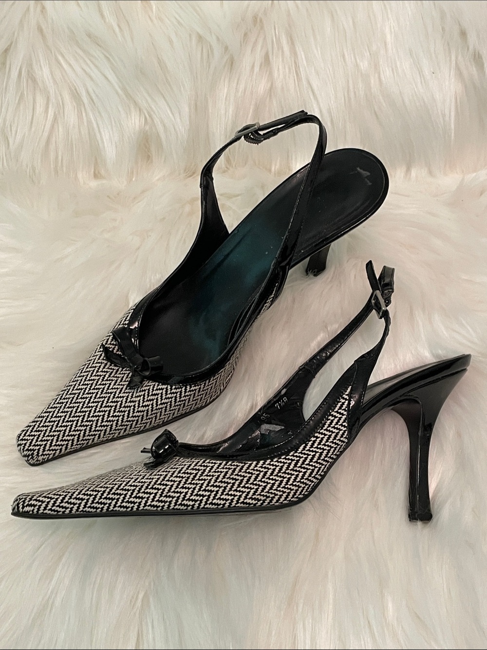 Max de Carlo Black & White Herringbone Pointed Slingback Heels 7.5